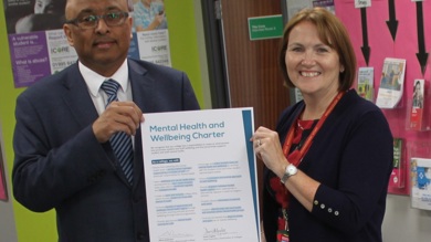 Myerscough Chief Executive and Principal, Alison Robinson, with Preston MP, Sir Mark Hendrick, and the AoC Mental Health Charter (photo taken pre-pandemic).