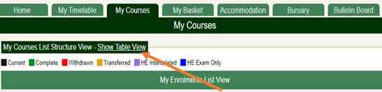A screenshot of My Portal showing the 'Show Table View' under the My Courses tab'